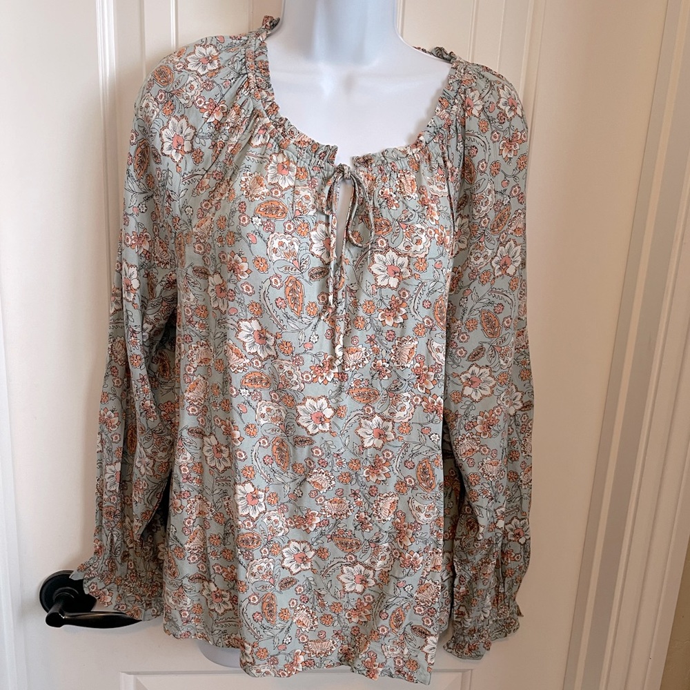 Patrons of Peace Floral Boho Peasant Blouse w/Cased Neckline & Full Sleeve, S